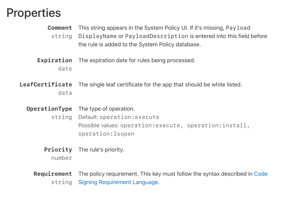 Properties of the SystemPolicyRule Payload