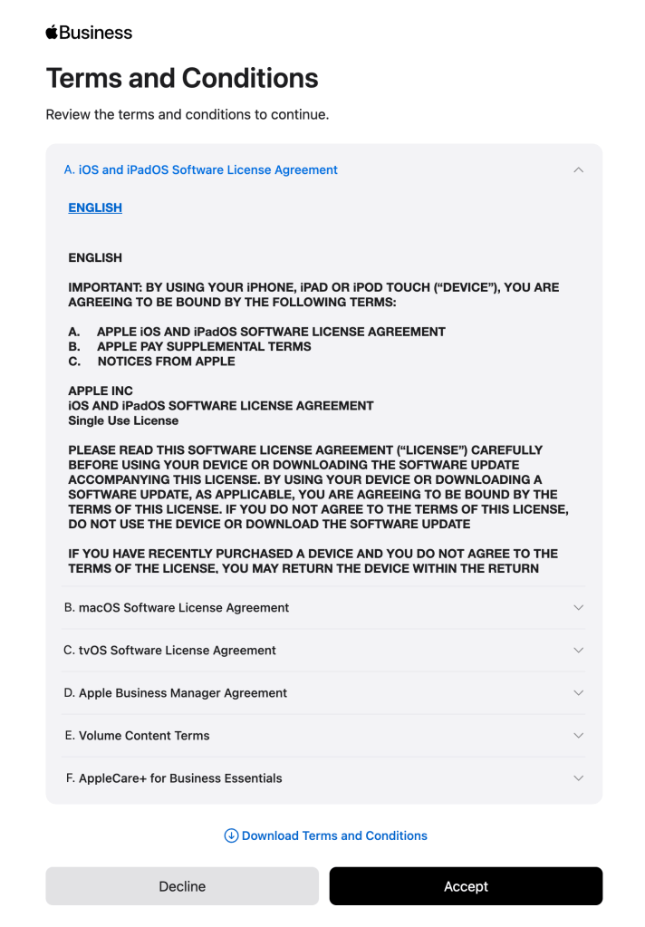 An image containing a lot of legal language that represents Apple's terms and conditions.