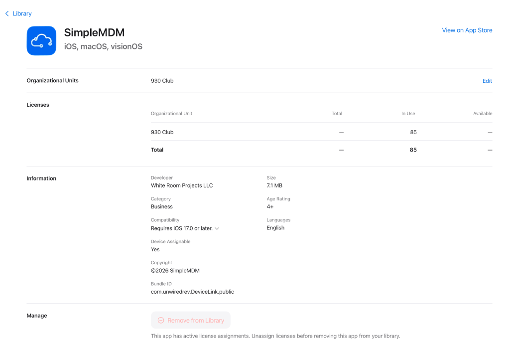 An App detail page from Apple Business. SimpleMDM is the app.